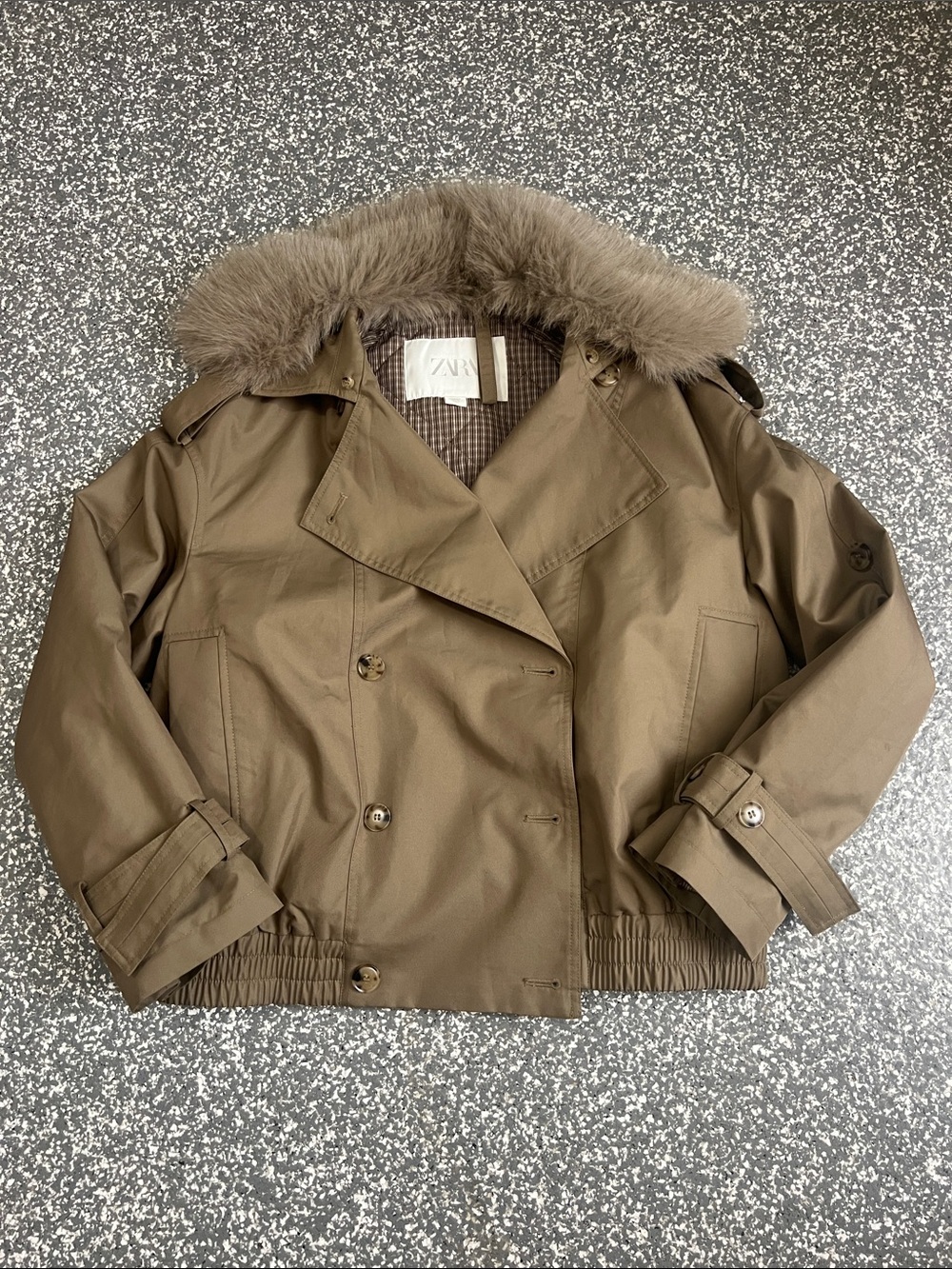 ZARA Olive-Tone Faux-Fur Collar Double-Breasted Pea Coat